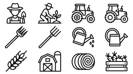 Farming Icons Set: Farmer, Tractor, Crops, Barn, Pitchfork, Watering Can, Hay Bale © 400bos