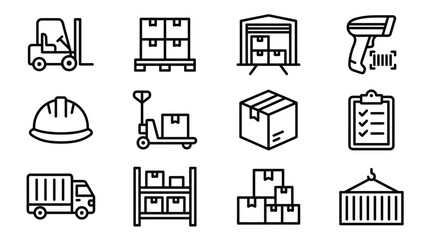 Warehouse Logistics Icons: Forklift, Truck, Pallet, Boxes, Scanner, Hard Hat, Crane, Clipboard © 400bos