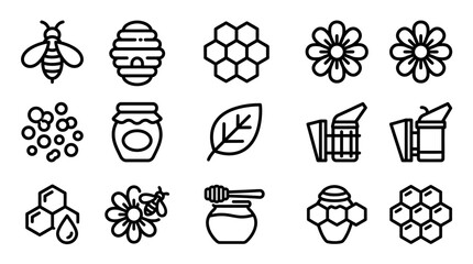 Bee Honeycomb Flower Icons Set: Beekeeper, Jar, Honey, Leaf, Pollen, Nature © 300mas