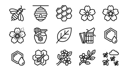 Beehive Icons: Honeybee, Honeycomb, Beekeeper Tools, Flowers, and Leaves - Line Art © 400bos