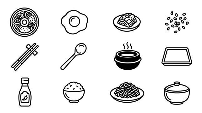 Korean food icons set, vector illustration. Simple outline symbols for cuisine.