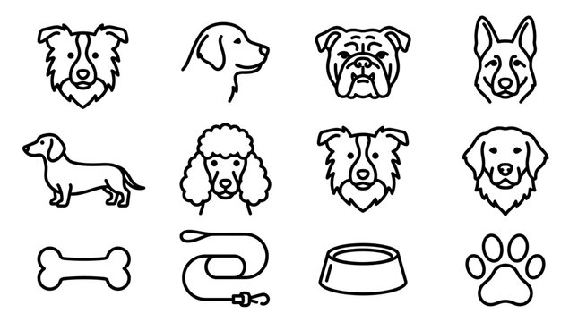 Dog Icons Set: Breeds, Accessories, and Paw Print - Vector Art