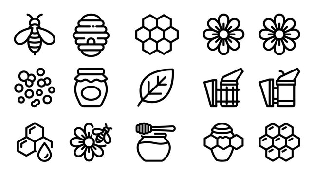 Bee Honeycomb Flower Icons Set: Beekeeper, Jar, Honey, Leaf, Pollen, Nature