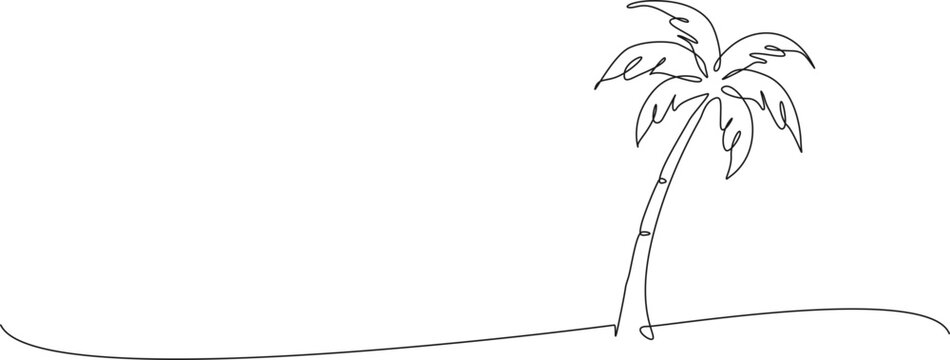 minimalist continuous one line drawing of single palm tree on a beach, tropical summer concept, line art vector illustration