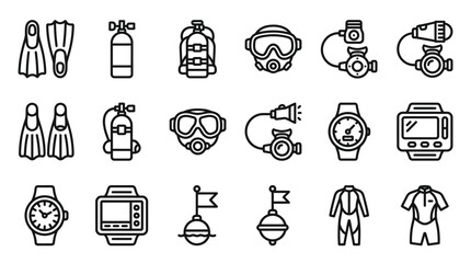 Scuba Diving Equipment Icons Set: Flippers, Mask, Oxygen Tanks, Regulator, Dive Computer © Afganganteng
