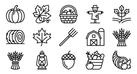 Autumn Harvest Icons: Pumpkin, Scarecrow, Barn, Cornucopia, Hay Bale, Leaves, Acorn © 50mas