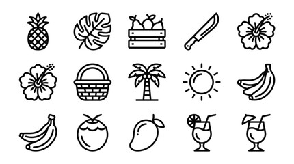 Tropical Summer Icons: Pineapple, Palm Tree, Hibiscus, Fruits, Sun, Drinks © 400bos