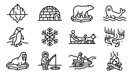 Arctic Icons: Iceberg, Igloo, Polar Bear, Penguin, Seal, Walrus, Aurora © Anginbenjol