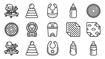 Baby Essentials Icons: Walker, Stacker, Bib, Bottle, Toy, Diaper Pail, Blanket © Anginbenjol