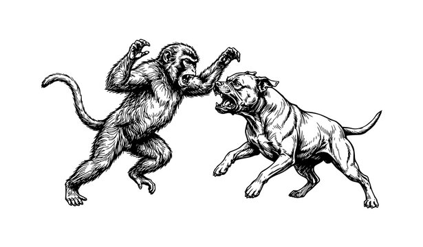 Aggressive Monkey Attacking Dog Freehand Drawing Black and White Vector Illustration