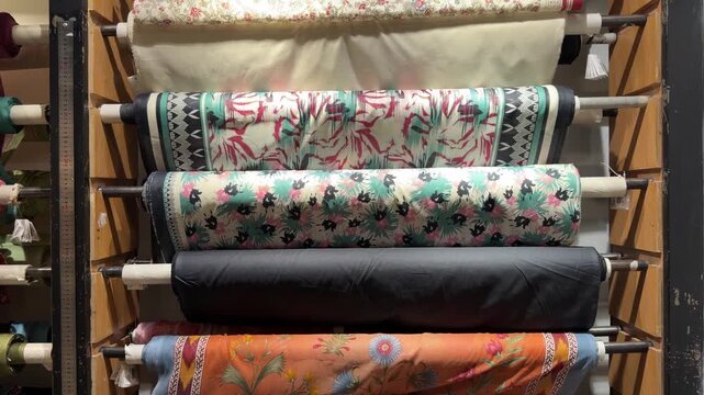 A premium retail shelf displaying unstitched Pakistani designer lawn fabric rolls from similar luxury fashion houses.