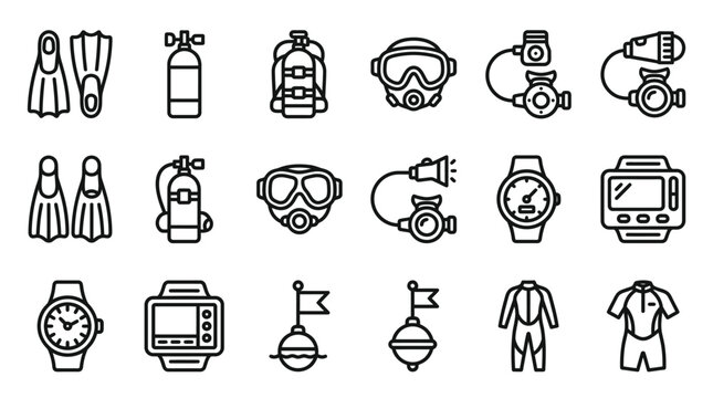 Scuba Diving Equipment Icons Set: Flippers, Mask, Oxygen Tanks, Regulator, Dive Computer