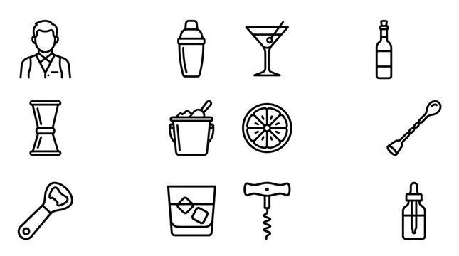 Barware Icons: Bartender, Shaker, Martini Glass, Bottle, Jigger, Ice Bucket, Orange Slice, Stirrer