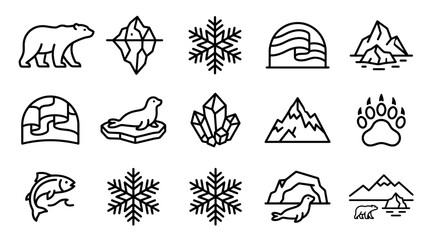 Arctic Wildlife and Ice Elements Icons Set: Polar Bear, Seal, Fish, Snowflake, Igloo, Iceberg © 300mas