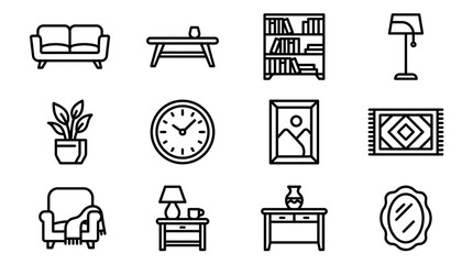 Living Room Furniture and Decor Icons: Sofa, Armchair, Bookshelf, Lamp, Clock, Rug, Plant, Mirror © Afganganteng