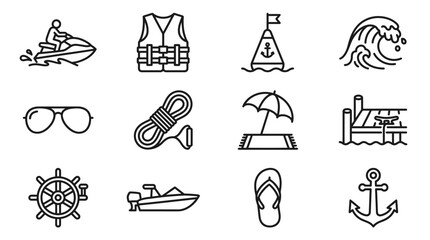 Nautical Water Sports and Beach Icons Set - Line Art Vector Graphics © Afganganteng