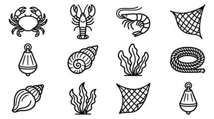 Marine Life Icons: Crab, Lobster, Shrimp, Shells, Seaweed, Net, Rope, Buoy © Anginbenjol