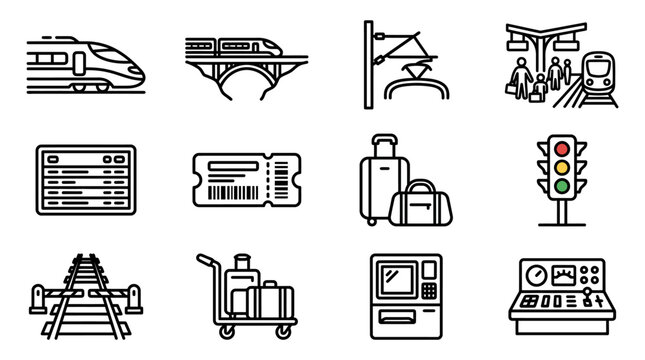 Train Travel Icons: High-Speed Train, Station, Tickets, Luggage, Traffic Signal