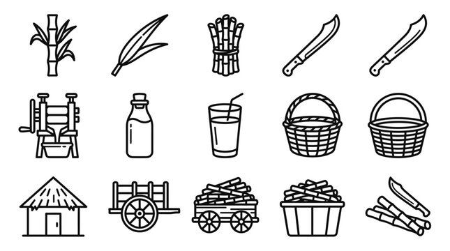 Sugarcane Farming Icons: Harvest, Juice, and Tools - Vector Illustration
