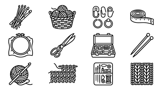 Handicraft Icons: Knitting, Crochet, Sewing Tools and Supplies Set