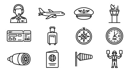 Airplane Pilot Icons Set: Travel, Aviation, Airport Symbols for Design © Afganganteng