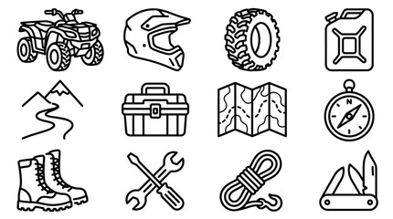 Off-road Adventure Icons: ATV, Helmet, Map, Compass, Boots, Tools, and Gear © Boycilik