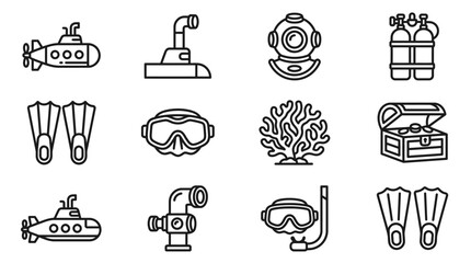Ocean Exploration Icons: Submarine, Scuba Gear, Treasure Chest, Coral, Diver Helmet © 300mas