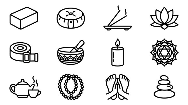 Yoga and Meditation Icons: Lotus, Incense, Stones, Tea, Beads, Candle, Chakra