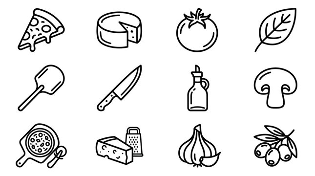 Pizza Making Ingredients and Tools Icons: Cheese, Tomato, Olive Oil, Garlic, Mushroom, Basil
