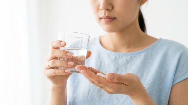 Woman holding a glass of water and a white pill in her hand. Taking daily medication or supplement. Healthcare and disease prevention concept