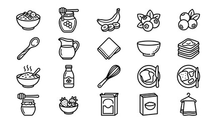 Healthy Breakfast Food Icons: Cereal, Fruits, Honey, Milk, Toast, Oatmeal © Anginbenjol