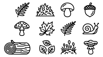 Autumn Forest Icons: Mushroom, Acorn, Snail, Leaf, Log, Fern - Hand Drawn Outline © Anginbenjol