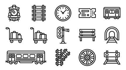 Train Travel Icons: Locomotive, Tracks, Wagon, Ticket, Clock, Tunnel, Luggage Cart © Afganganteng