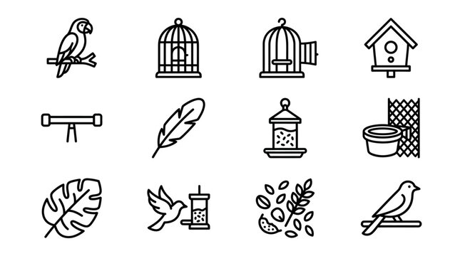 Bird Icon Set: Parrot, Cages, Feathers, Birdhouse, Feeder, Leaf, Seeds