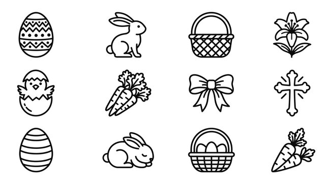 Easter Icons Set: Eggs, Bunnies, Baskets, Carrots, Chick, Lily, Cross - Line Art