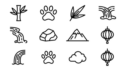 Nature and Asia Icons: Bamboo, Paw Prints, Waterfall, Mountains, Lanterns, Rock, Cloud © Hanzcoli