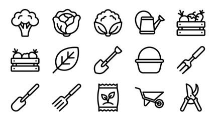Gardening Icons Set: Vegetables, Tools, and Watering Can - Fresh Produce & Farming © Hanzcoli