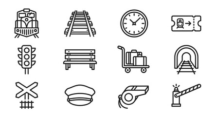Train Travel Icons: Locomotive, Tracks, Clock, Ticket, Signal, Bench, Luggage Cart, Tunnel, Crossing © Anginbenjol