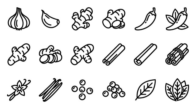 Hand-drawn Spice Icons: Garlic, Ginger, Chili, Cinnamon, Vanilla, Bay Leaves