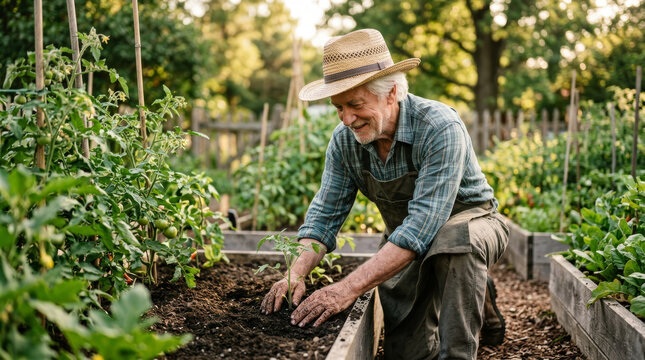 Elderly man happily planting a seedling in a lush garden bed during golden hour