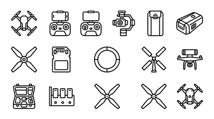 Drone Accessories and Parts Icon Set: Quadcopter, Controller, Gimbal, Battery, SD Card © Hanzcoli