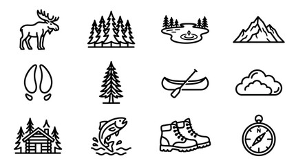 Obraz premium Wilderness Icons Set: Moose, Forest, Lake, Mountains, Cabin, Canoe, Hiking Boots, Compass