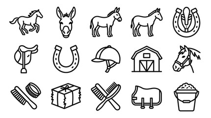 Equestrian Icons Set: Horse, Donkey, Saddle, Barn, Horseshoe, Helmet, Brushes, Bucket © Domboancok