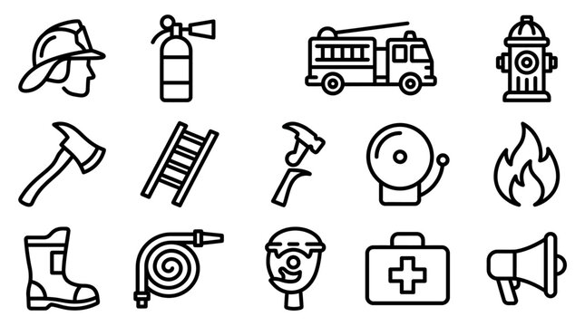 Firefighter Equipment Icons: Truck, Axe, Hose, Helmet, Hydrant, Ladder, First Aid, Alarm