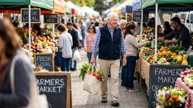 Elderly Man Shopping for Fresh Produce at a Bustling Farmers Market