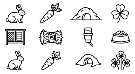 Rabbit Care Icons: Bunny, Carrot, Hutch, Hay, Water Bottle, Bowl, Burrow, Clover © Boycilik