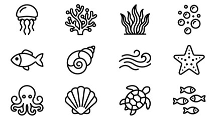 Ocean life icons set, hand-drawn marine animals and plants, simple line art collection © Hanzcoli