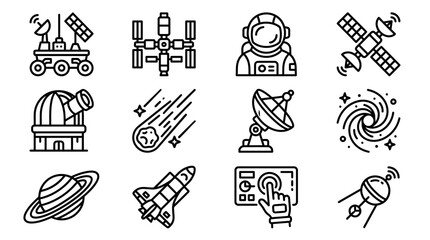 Space Icons: Astronaut, Rocket, Satellite, Rover, Observatory, Comet, Planet, Black Hole © Hanzcoli