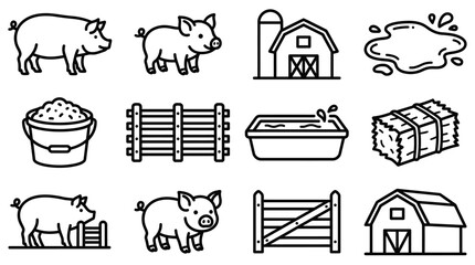 Farm Icons: Pigs, Barns, Fences, Hay Bale, Puddle, Feed Bucket © Domboancok