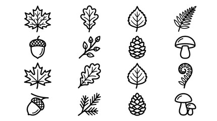 Autumn Nature Icons: Maple Leaves, Acorns, Pinecones, Ferns, Mushrooms, Branches © Hanzcoli